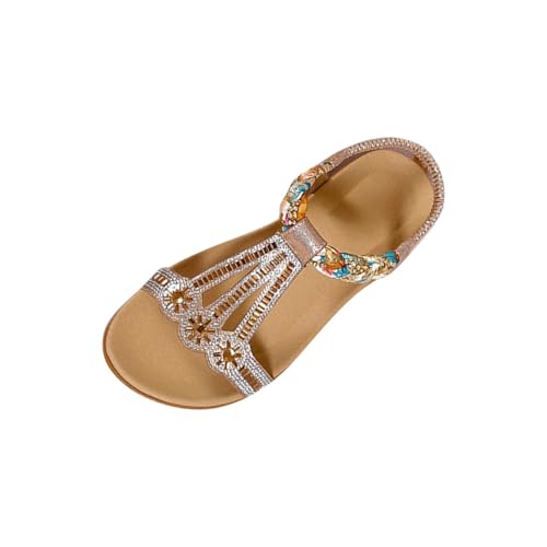 Sandalen Damen Sommer Elegant Boho Flache Sandalen mit Strass Glitzer T-Riemen Sommerschuhe Flip Flops Weichen Sohlen Bohemian Strand Schuhe Freizeit Flip Flope Slingback Strandsandalen von Battnot