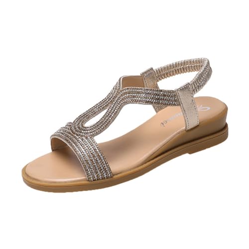 Sandalen Damen Sommer Elegant Boho Flache Sandalen mit Strass Glitzer T-Riemen Sommerschuhe Flip Flops Weichen Sohlen Bohemian Strand Schuhe Freizeit Flip Flope Slingback Strandsandalen von Battnot