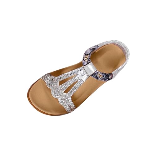 Sandalen Damen Sommer Elegant Boho Flache Sandalen mit Strass Glitzer T-Riemen Sommerschuhe Flip Flops Weichen Sohlen Bohemian Strand Schuhe Freizeit Flip Flope Slingback Strandsandalen von Battnot