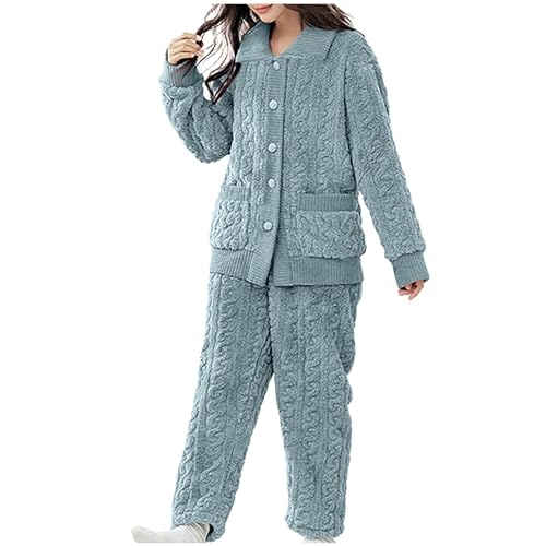 Schlafanzug Damen Lang Flauschig Warm Winter Fleece Pyjama Damen Hausanzug Kuschelig Schlafanzug Damen Lang Fleece Pyjama Set mit Knöpfen Warm Schlafanzüge für Damen weich Lounge Set Freizeitanzug von Battnot