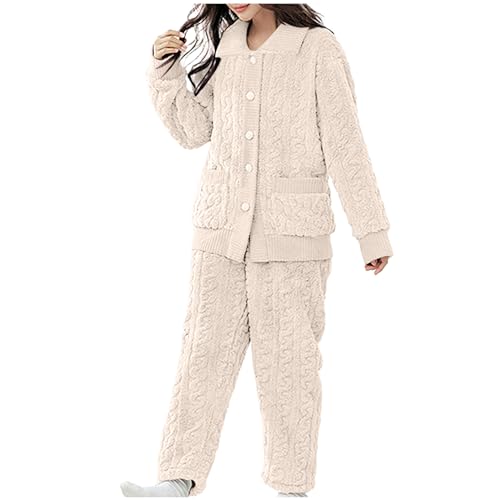 Schlafanzug Damen Lang Flauschig Warm Winter Fleece Pyjama Damen Hausanzug Kuschelig Schlafanzug Damen Lang Fleece Pyjama Set mit Knöpfen Warm Schlafanzüge für Damen weich Lounge Set Freizeitanzug von Battnot