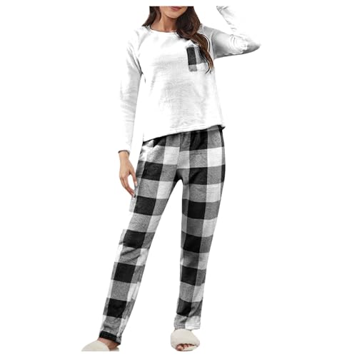 Schlafanzug Damen Lang Fleece Pyjama Set Warm Hausanzug Winter Flauschig Schlafanzug Damen Winter Pyjama Set Lang Zweiteiliger Nachtwäsche Sleepwear und Karierte Pyjamahose Hausanzug Freizeitanzug von Battnot