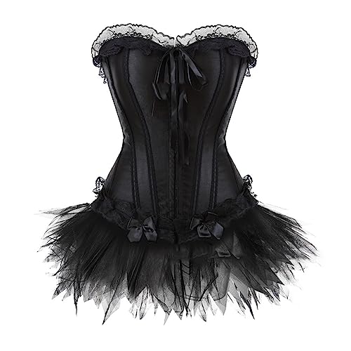 Set Damen Outfit Korsett damen bustier Corsagenklei Gothic corsage Vollbrust Korsage Kleid Elegant Petticoat set Top Corsage Korsett mit Tüllrock Damen Korsage Vintage Karneval Halloween Kostüm von Battnot