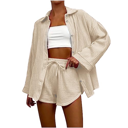 Set Damen Outfit Musselin Set Damen Musselin Blusen Und Hose, 2 Teiler Damen Anzug, Plissee Set Damen Zweiteiler Für Damen Oversize Tracksuit Set, Musselin Blusen Shirt Und High Waist Shorts von Battnot