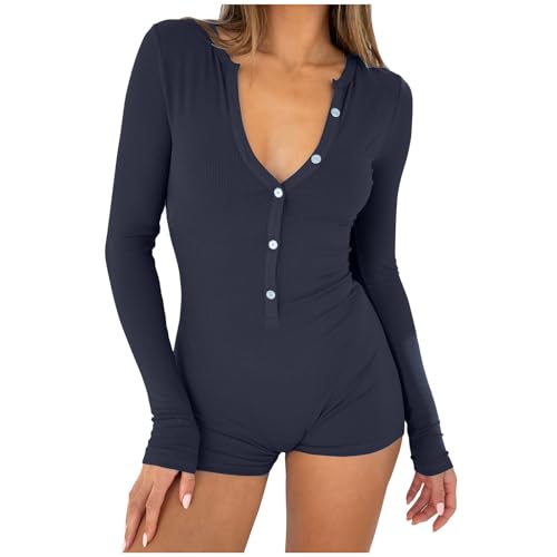 Sexy Damen-Strampler mit V-Ausschnitt, langärmelig, Y2k, Einteiler, Bodycon, Pyjama, Fitnessstudio, Jumpsuit Bodysuit Damen Langarm Jumpsuit Y2k Langärmeliger Einteiler Bodysuit Overall Einteiler von Battnot