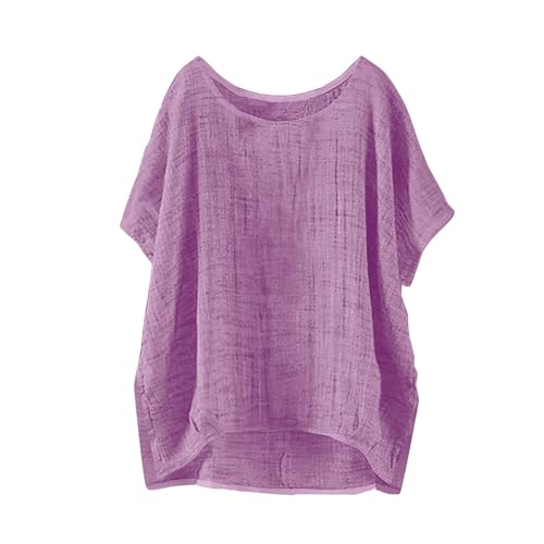 Sommer locker Oversized Leinenbluse Kurzarm Vintage Leichte Bluse Basic Rundhals Damen T-Shirt Lässiges Bequemes Modisch Licht Hemdbluse Lässiges Atmungsaktive Elegante Blusenshirt S-5XL von Battnot
