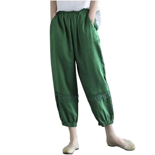 Sommerhose Damen Leicht 3/4, Musselin Hose Damen Lang Leichte - Leinenhose Freizeithose Stretch Baumwolle Elegant Haremshose Luftig Sommer Bequeme Stoffhose von Battnot