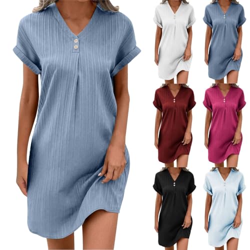 Sommerkleid Damen Sale Kleider Musselin Kleid Damen Luftige Knopfleiste Knielang Strandkleid Einfarbig Sommer Shirtkleider Kurzarm Freizeitkleid Komfortabel Boho A Linien Blusenkleid von Battnot