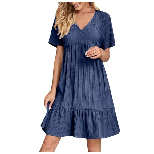 Sommerkleid Sale Damen Leinen Kleider Knielang Casual Strandkleid Kurzarm Sommerkleider Sommer Shirtkleider Freizeitkleid Locker V-Ausschnitt Midikleid Kurzarm A-Linie Kleid Strandkleid Ohne Zubehör von Battnot