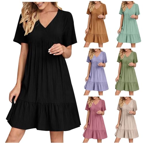 Sommerkleid für Damen Sommerkleider Kurzarm Blusenkleid Elegant Freizeitkleid Einfarbige Leicht und Luftig Oberteil Strandkleid Frauen Festkleider Shirtkleid Baumwolle Cocktailkleid von Battnot