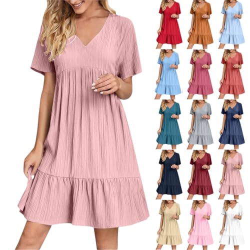 Sommerkleider Damen Leicht und Luftig Leinenkleid Strandkleid Casual V-Ausschnitt Minikleid Kurzarm A-Linie Kleid Rüschenumschlag Kleid Sommer Kleider Knielang Minikleid Strandkleider Freizeitkleid von Battnot