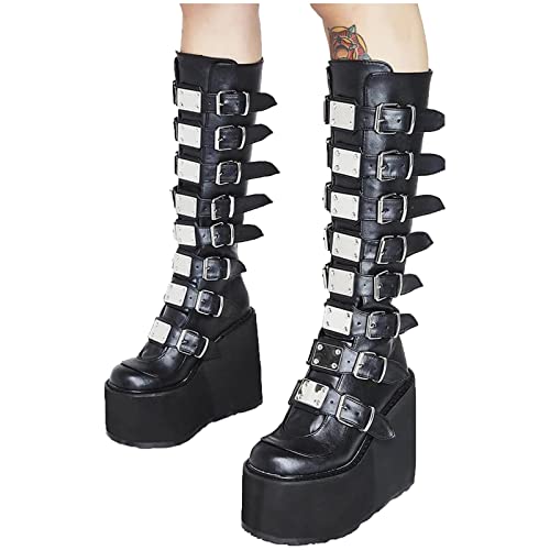 Stiefel Damen Goth Plateau-Stiefel, kniehoch, schwarz, Gothic-Stiefel, klobiger Absatz, holografische Schnallen, Stiefeletten, Halbwade, Schnürung, Kampfbotas für Damen Plateau Boots Stiefeletten von Battnot