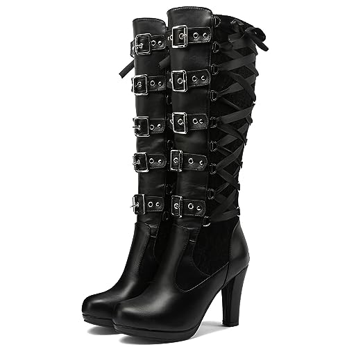 Stiefeletten Damen Halbstiefel Spitze Patchwork Lederstiefel Schnalle Mittelhoher Cowboystiefel High Heels Schnürboots kniehoch Stiefel Freizeit Westernstiefel Frauen Übergangsstiefel Boots von Battnot