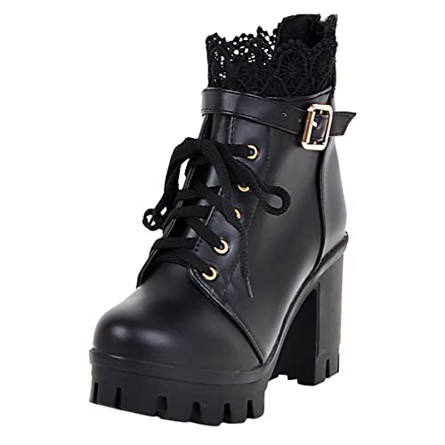 Stiefeletten Damen High Heels Stiefeletten Blockabsatz Ankle Boots mit Plateau Stiefel Damen Schnürstiefeletten Blockabsatz Plateau Ankle Boots High Heels Stiefeletten mit Schnürung Absatz von Battnot