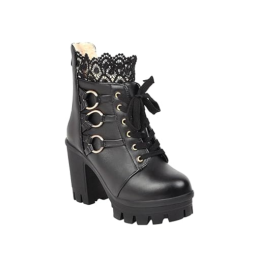 Stiefeletten Damen Plateau Stiefeletten Schnüren Blockabsatz High Heels Ankle Boots Gothic Winter Schuhe Damen Schnürstiefeletten Blockabsatz Plateau Ankle Boots Stiefeletten mit Schnürung Absatz von Battnot