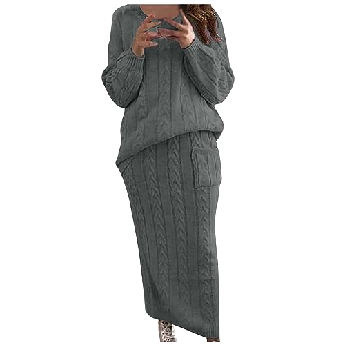 Strickkleider Set Damen Pullover mit Zopfmuster Zweiteiler Strick Langarm Pulli Strickrock Anzug Warmes Winter Pullover Set Grobstrick Pullover mit Rock Freizeitanzug Sportanzug Hausanzug von Battnot