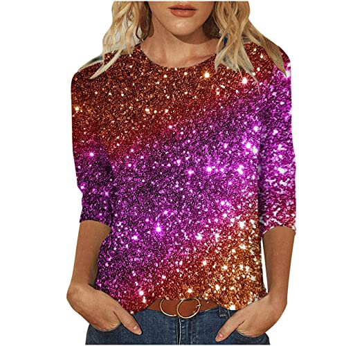 T-Shirt Damen 3/4 arm Festlich Tunika Pailletten Druck T-Shirt 3/4 Arm Oberteile Große Größen Abend Party Langarm Gold Damenbluse Bluse Langarmshirt T-Shirt Bluse Damen T-Shirt Oberteile von Battnot