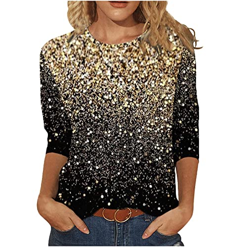 T-Shirt Damen 3/4 arm Festlich Tunika Pailletten Druck T-Shirt 3/4 Arm Oberteile Große Größen Abend Party Langarm Gold Damenbluse Bluse Langarmshirt T-Shirt Bluse Damen T-Shirt Oberteile von Battnot