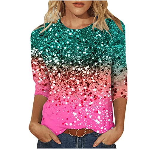 T-Shirt Damen 3/4 arm Festlich Tunika Pailletten Druck T-Shirt 3/4 Arm Oberteile Große Größen Abend Party Langarm Gold Damenbluse Bluse Langarmshirt T-Shirt Bluse Damen T-Shirt Oberteile von Battnot