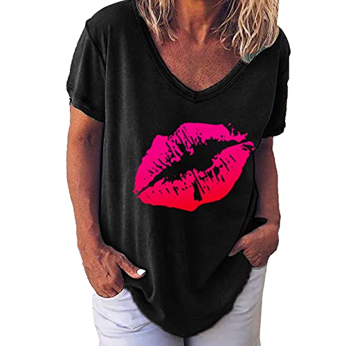 T-Shirt Damen 80er Jahre Tshirt mit Lippen Karneval Kostüm 90er Jahre Kostüm Lustig T Shirt Sommer Kurzarm Oberteil Rundhals Lippen Neon Shirt Party Retro T-Shirt Tops Tunika Streetwear von Battnot