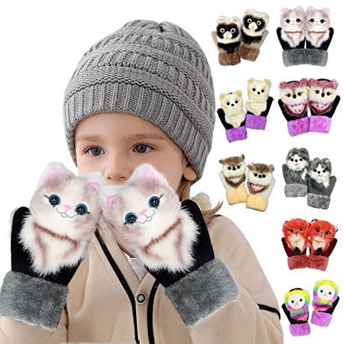 Tier Gestrickte Handschuhe 3D Haustier Muster Winter Warme Volle Finger Handschuhe mit Plüsch Pelz Manschetten Nette Cartoon Eule Puppe Katze Waschbär Winterhandschuhe für Mädchen Jungen (A) von Battnot