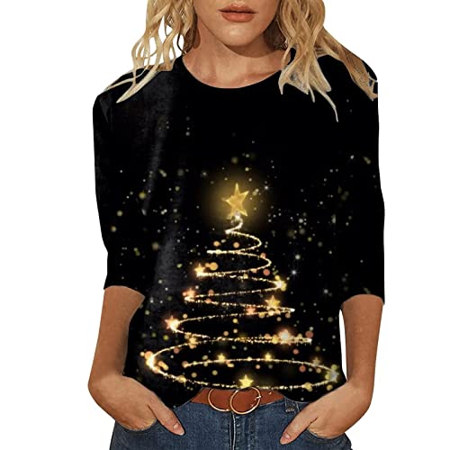 Weihnachtsshirt Damen 3/4 Ärmel Casual Frauen 3/4 Arm Lang Shirts Weihnachtsschneeflocke Drucken Tshirts Langarm Weihnachtspullover Weihnachtsbluse Christmas Tree Langarmshirt Oberteil Sweatshirt von Battnot