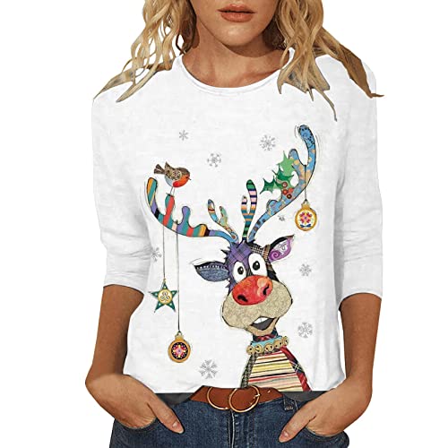 Weihnachtsshirt Damen 3/4 Ärmel Casual Frauen 3/4 Arm Lang Shirts Weihnachtsschneeflocke Drucken Tshirts Langarm Weihnachtspullover Weihnachtsbluse Christmas Tree Langarmshirt Oberteil Sweatshirt von Battnot