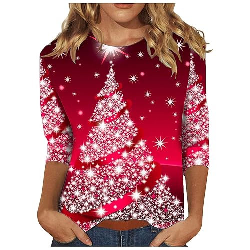 Weihnachtsshirt Damen 3/4 Ärmel Casual Frauen 3/4 Arm Lang Shirts Weihnachtsschneeflocke Drucken Tshirts Langarm Weihnachtspullover Weihnachtsbluse Christmas Tree Langarmshirt Oberteil Sweatshirt von Battnot