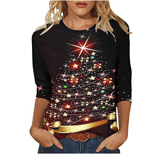 Weihnachtsshirt Damen Lustig Weihnachtspullover Damen 3/4 Ärmel Bluse Damen Tunika Elegant 3/4 arm Blusen Festliche Oberteile Pulli Xmas Pullover Christmas Weihnachtsbaum Hemdbluse Damen Tops von Battnot