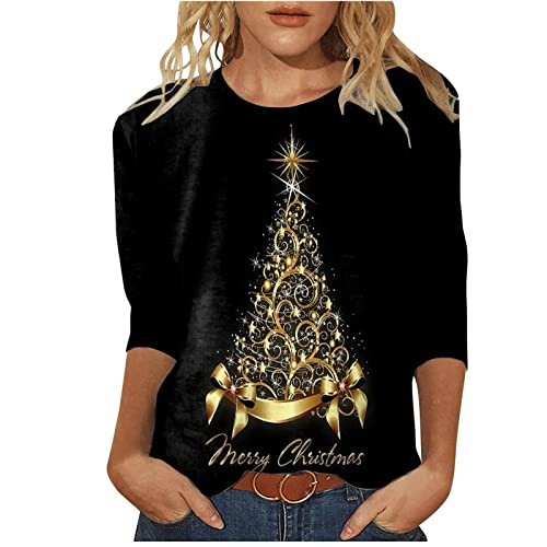 Weihnachtsshirt Damen Lustig Weihnachtspullover 3/4 Ärmel Bluse Tunika Elegant Blusen Festliche Oberteile Pulli Xmas Pullover Christmas Weihnachtsbaum Hemdbluse Tops von Battnot