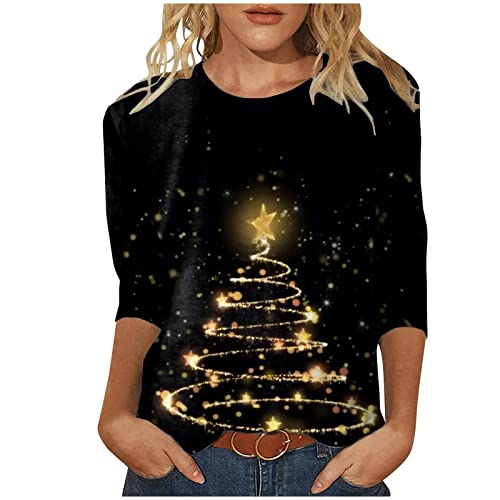 Weihnachtsshirt Damen Lustig Weihnachtspullover Damen 3/4 Ärmel Bluse Damen Tunika Elegant 3/4 arm Blusen Festliche Oberteile Pulli Xmas Pullover Christmas Weihnachtsbaum Hemdbluse Damen Tops von Battnot