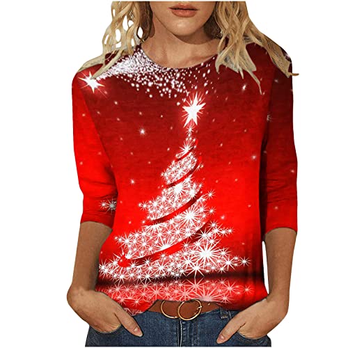 Weihnachtsshirt Damen Lustig Weihnachtspullover Damen 3/4 Ärmel Bluse Damen Tunika Elegant 3/4 arm Blusen Festliche Oberteile Pulli Xmas Pullover Christmas Weihnachtsbaum Hemdbluse Damen Tops von Battnot