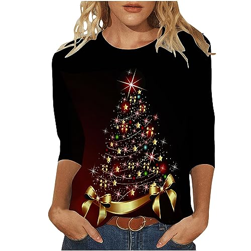 Weihnachtsshirt Damen Lustig Weihnachtspullover Damen 3/4 Ärmel Bluse Damen Tunika Elegant 3/4 arm Blusen Festliche Oberteile Pulli Xmas Pullover Christmas Weihnachtsbaum Hemdbluse Damen Tops von Battnot