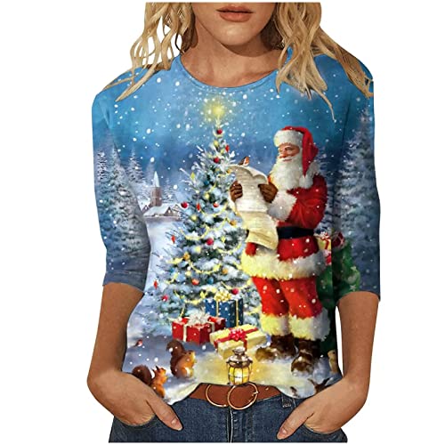 Weihnachtsshirt Damen Lustig Weihnachtspullover Damen 3/4 Ärmel Bluse Damen Tunika Elegant 3/4 arm Blusen Festliche Oberteile Pulli Xmas Pullover Christmas Weihnachtsbaum Hemdbluse Damen Tops von Battnot