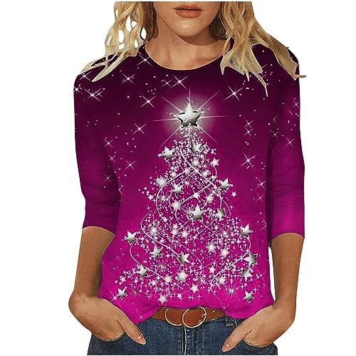 Weihnachtsshirt Damen Lustig Weihnachtspullover Damen 3/4 Ärmel Bluse Damen Tunika Elegant 3/4 arm Blusen Festliche Oberteile Pulli Xmas Pullover Christmas Weihnachtsbaum Hemdbluse Damen Tops von Battnot