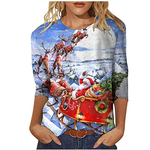 Weihnachtsshirt Damen Lustig Weihnachtspullover Damen 3/4 Ärmel Bluse Damen Tunika Elegant 3/4 arm Blusen Festliche Oberteile Pulli Xmas Pullover Christmas Weihnachtsbaum Hemdbluse Damen Tops von Battnot