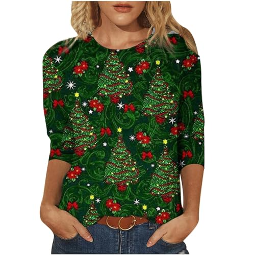 Weihnachtsshirt Damen Lustig Weihnachtspullover Damen 3/4 Ärmel Bluse Damen Tunika Elegant 3/4 arm Blusen Festliche Oberteile Pulli Xmas Pullover Christmas Weihnachtsbaum Hemdbluse Damen Tops von Battnot