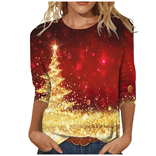 Weihnachtsshirt Damen Lustig Weihnachtspullover Damen 3/4 Ärmel Bluse Damen Tunika Elegant 3/4 arm Blusen Festliche Oberteile Pulli Xmas Pullover Christmas Weihnachtsbaum Hemdbluse Damen Tops von Battnot