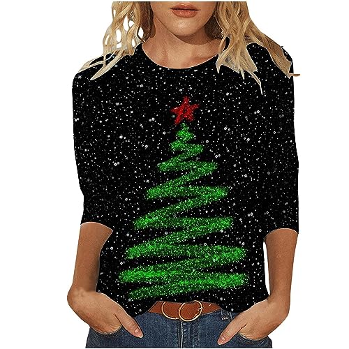 Weihnachtsshirt Damen Lustig Weihnachtspullover Damen 3/4 Ärmel Bluse Damen Tunika Elegant 3/4 arm Blusen Festliche Oberteile Pulli Xmas Pullover Christmas Weihnachtsbaum Hemdbluse Damen Tops von Battnot