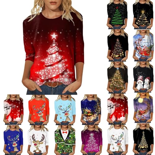 Weihnachtsshirt Damen Lustig Weihnachtspullover Damen 3/4 Ärmel Bluse Damen Tunika Elegant 3/4 arm Blusen Festliche Oberteile Pulli Xmas Pullover Christmas Weihnachtsbaum Hemdbluse Damen Tops von Battnot