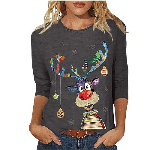 Weihnachtsshirt Damen Lustig Weihnachtspullover Damen 3/4 Ärmel Bluse Damen Tunika Elegant 3/4 arm Blusen Festliche Oberteile Pulli Xmas Pullover Christmas Weihnachtsbaum Hemdbluse Damen Tops von Battnot