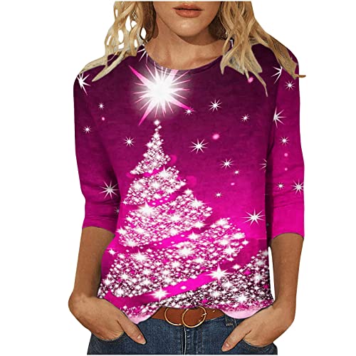 Weihnachtsshirt Damen Lustig Weihnachtspullover Damen 3/4 Ärmel Bluse Damen Tunika Elegant 3/4 arm Blusen Festliche Oberteile Pulli Xmas Pullover Christmas Weihnachtsbaum Hemdbluse Damen Tops von Battnot