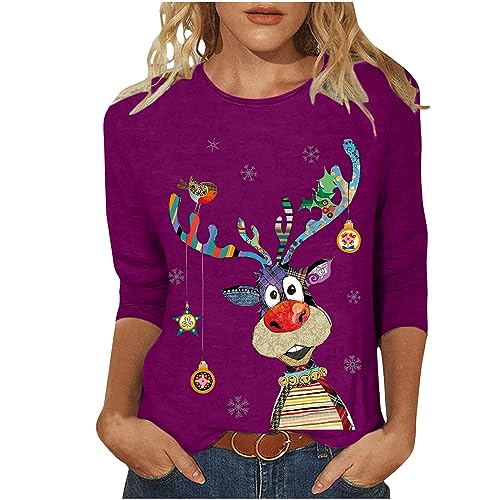 Weihnachtsshirt Damen Lustig Weihnachtspullover Damen 3/4 Ärmel Bluse Damen Tunika Elegant 3/4 arm Blusen Festliche Oberteile Pulli Xmas Pullover Christmas Weihnachtsbaum Hemdbluse Damen Tops von Battnot