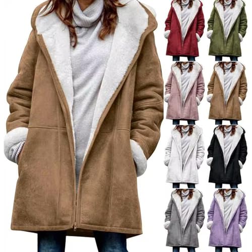 Winterjacke Damen Lang Fleecejacke Damen Wildleder Wintermantel Warm Gefüttert Jacke Damen Winter mit Kapuze Fleecejacke Mantel Fleece Locker Kapuzenjacke Flauschig Fleece Weich Warme Winterjacke von Battnot
