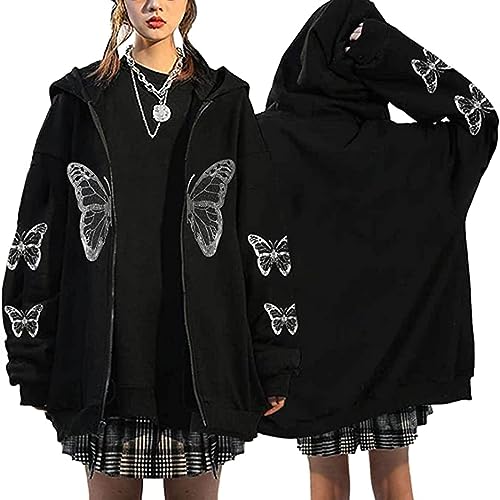 Y2K Zip Up Hoodie Damen Oversize Hoodies Jacke Y2K Fashion Übergroße Schmetterlinge Pullover Aesthetic Vintage Damen Sweatjacke Baggy 90S E-Girl Fashion Harajuku Vintage Jacke Mantel Streetwear von Battnot