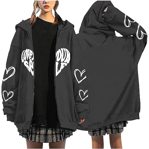 Y2K Zip Up Hoodie Damen Oversized Sweatshirt Vintage Jacke Y2K Fashion Übergroße Pullover Aesthetic Damen 90S E-Girl Tops Goth Sweatjacke Baggy 90S E-Girl Fashion Harajuku Mantel Streetwear von Battnot