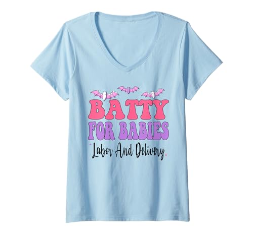 Damen Batty Für Babys Arbeit Und Lieferung Lustige Krankenschwester Halloween T-Shirt mit V-Ausschnitt Damen Batty Für Babys Arbeit Und Lieferung Lustige Krankenschwester Halloween T-Shirt mit V-Ausschnitt von Batty For Babies Labor And Delivery Funny Nurse