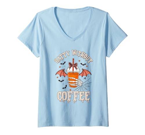 Damen Batty Without Coffee Shirt, Motiv: Spooky Bats, Eiskaffee T-Shirt mit V-Ausschnitt von Batty Without Coffee Tee Shirts for men women