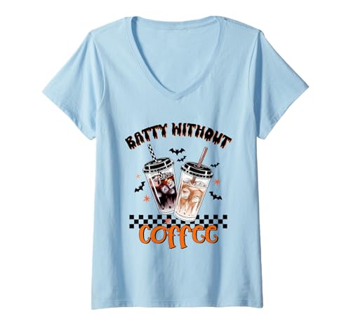 Damen Batty Without Coffee Shirt Skelett Hand Wings Iced Coffee T-Shirt mit V-Ausschnitt von Batty Without Coffee Tee Shirts for spooky morning
