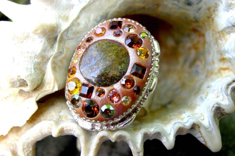 Bronzit Ring, Großer Verstellbarer Mocca Swarovski Kristall Ring Und Crystal Clay Silberring von BaublesHandcrafted